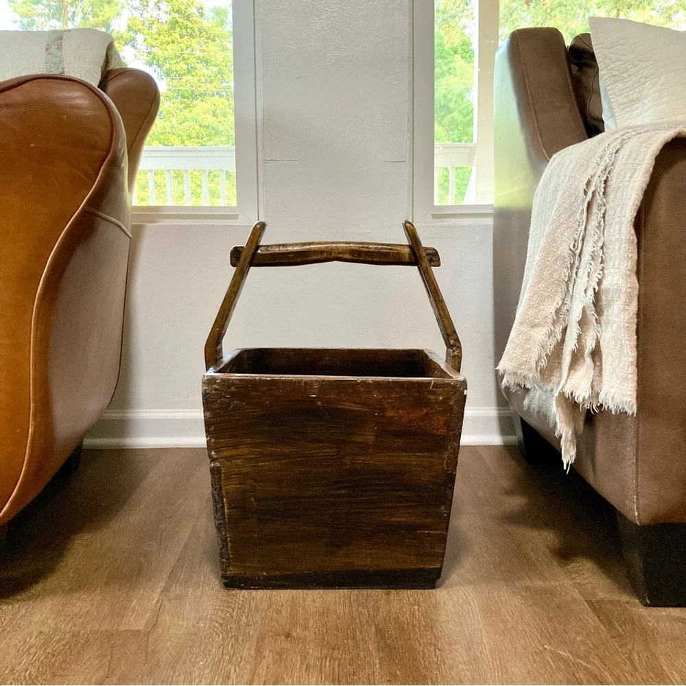 Big Wooden Rice Basket Bucket Rustic Distressed Farmhouse Decor